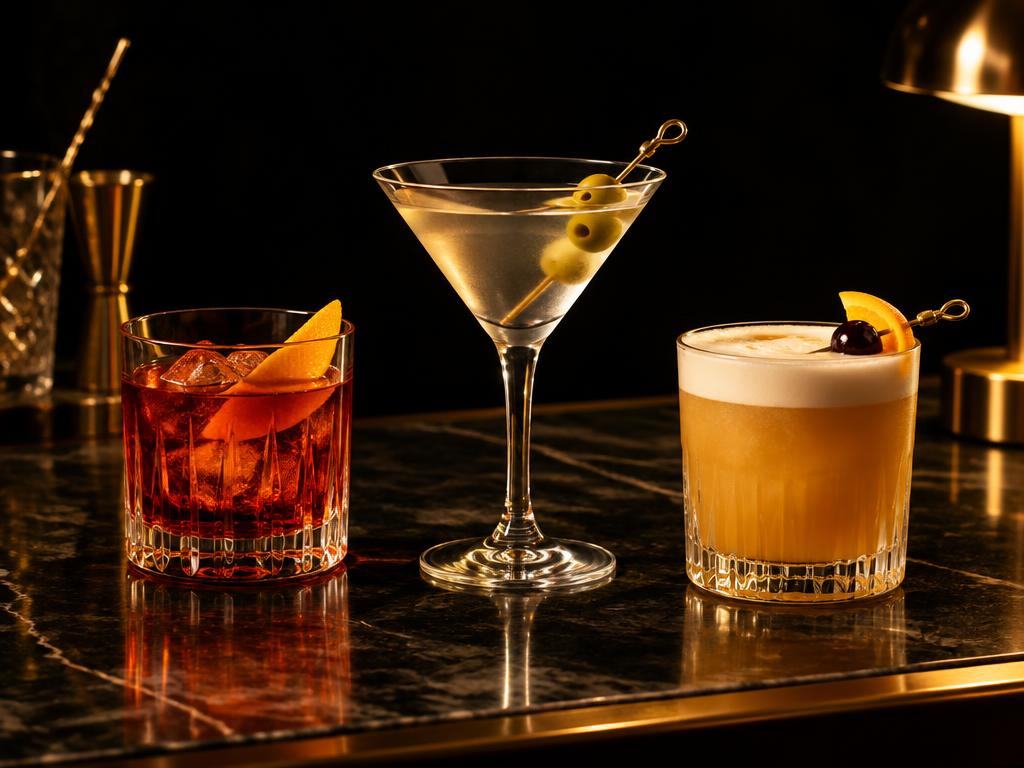 Negroni, martini en whiskey sour op een marmeren bar